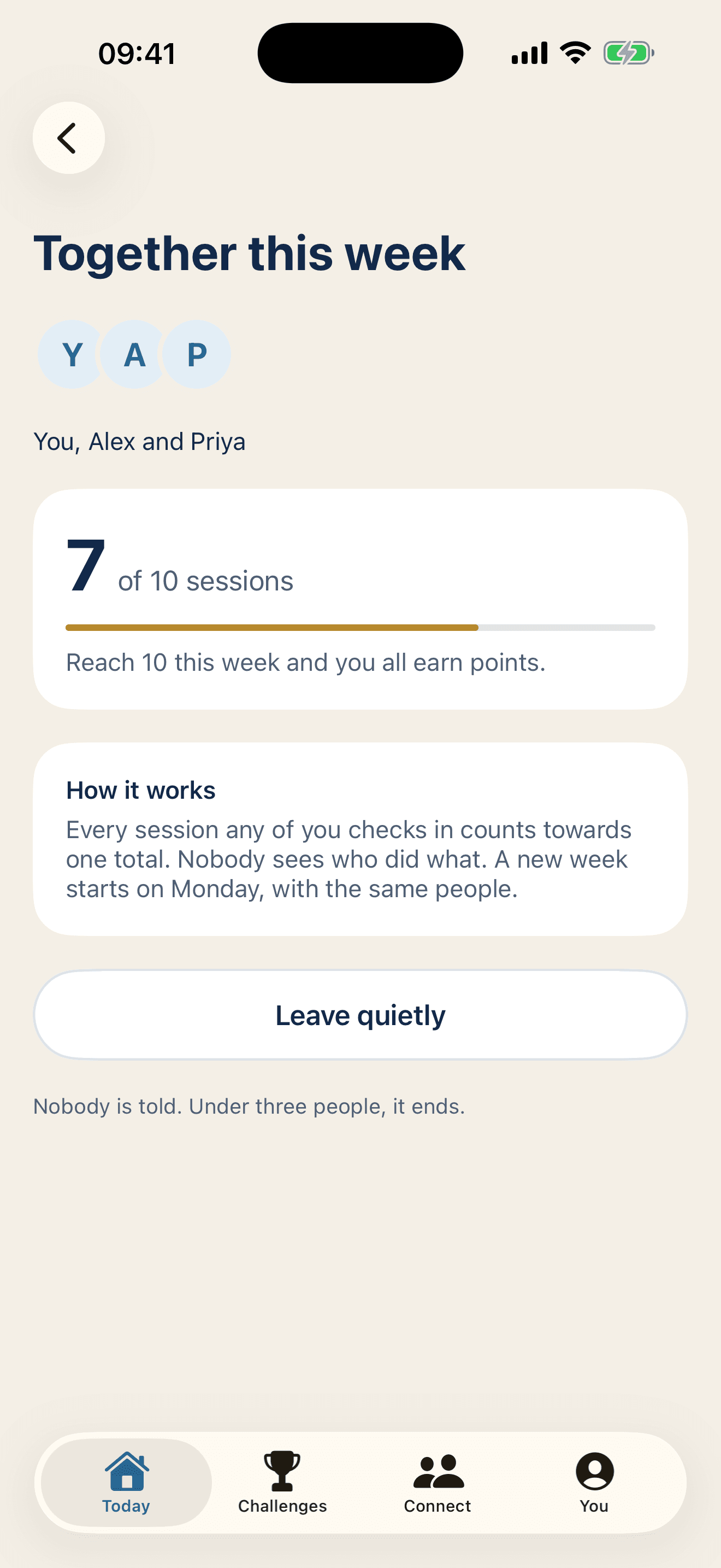Together this week in Regulars: you, Alex and Priya, 7 of 10 sessions. Every session any of you checks in counts towards one total, and nobody sees who did what