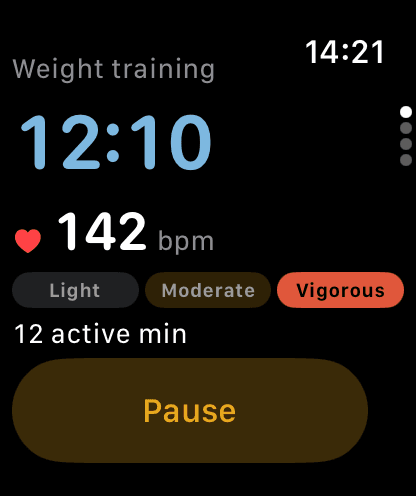 The Regulars watch app 12 minutes into a weight training session: 142 bpm, in the vigorous zone, 12 active minutes