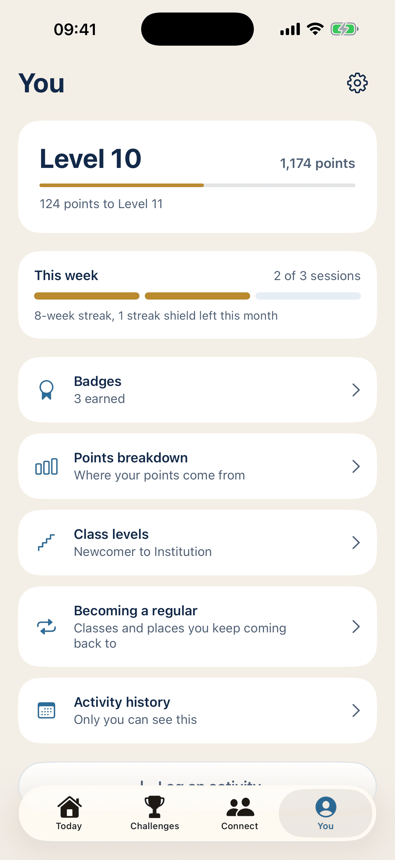 The You tab in Regulars: level 10, this week 2 of 3 sessions, an 8-week streak, badges and becoming a regular