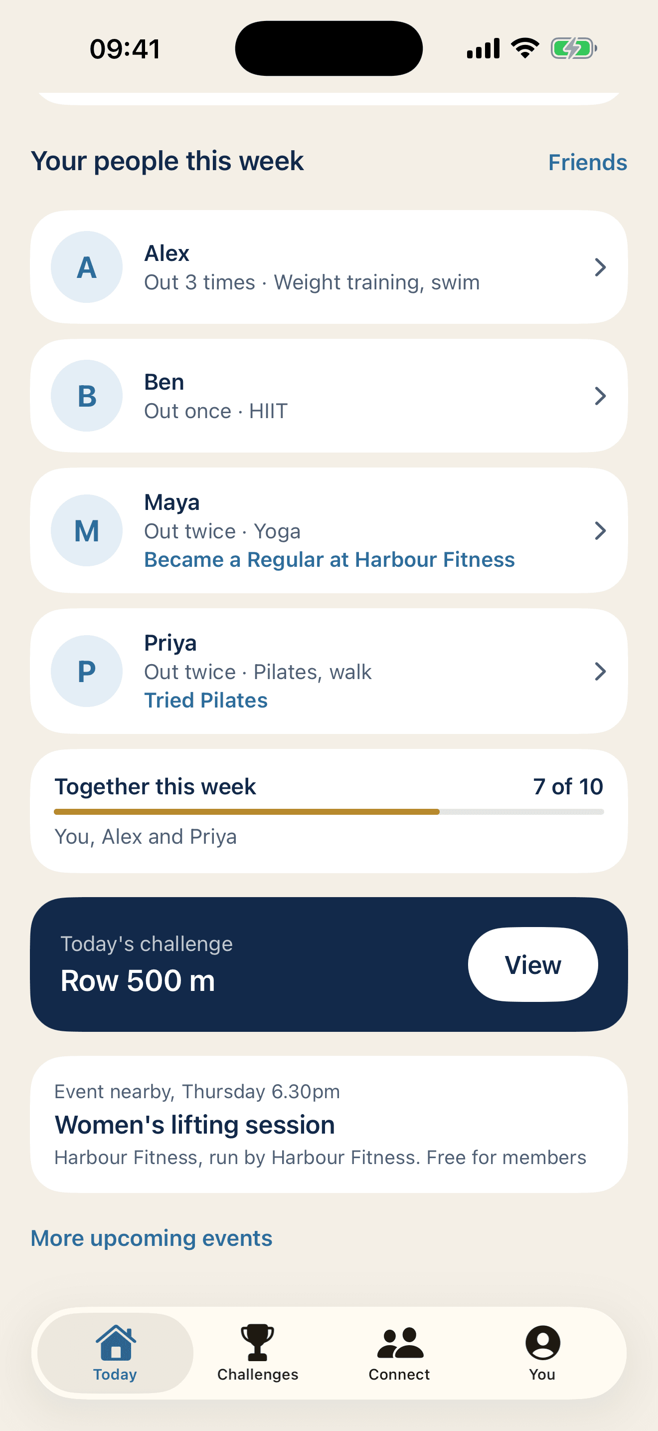 Today in Regulars: your people this week. Alex out 3 times; Ben out once; Maya out twice, became a regular at Harbour Fitness; Priya out twice, tried Pilates. Together this week, 7 of 10, with Alex and Priya. A nearby event: a women's lifting session on Thursday